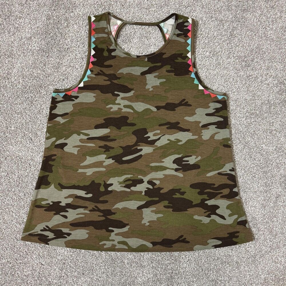 Savanna Jane Tank Top Womens Large Green Camo Embroidered Racerback Boho Trim